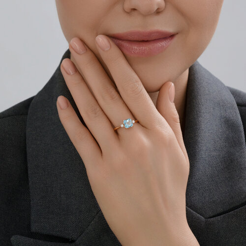 Inel din aur roșu cu pietre Cubic Zirconia Incolor, Topaz albastru