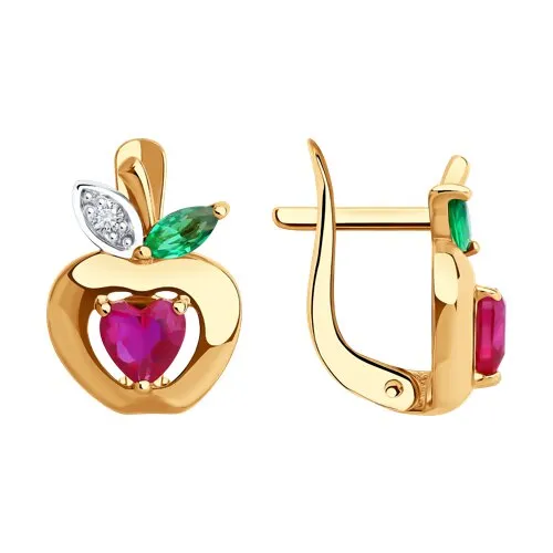 Cercei din aur roșu cu Cubic Zirconia Incolor, Corindon (rubin) și Cubic Zirconia Verde