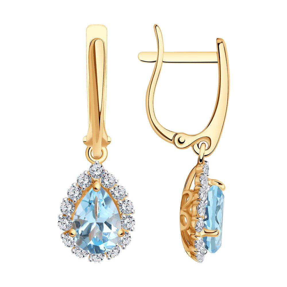 Cercei Suspendați din aur roșu cu pietre Cubic Zirconia Incolor, Topaz albastru