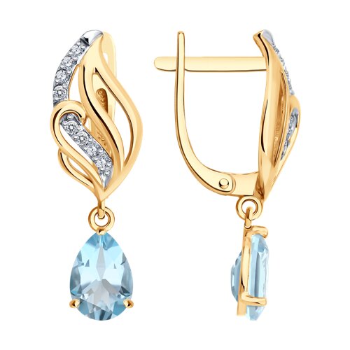 Серьги Длинные из красного золота с камнями Фианит, Топаз голубой