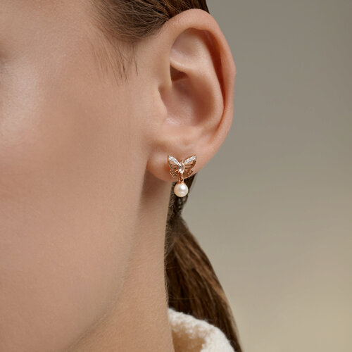 Cercei Pusete din aur roșu cu pietre Cubic Zirconia Incolor, Cristal de munte și Perla Albă