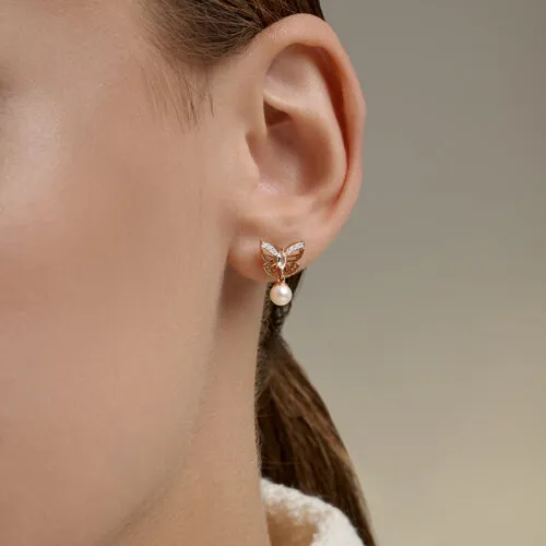 Cercei Pusete din aur roșu cu Cubic Zirconia Incolor, Cristal de munte și Perla Albă