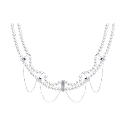 Колье из серебра с камнями Фианит, Жемчуг имит. и Металлический стержень