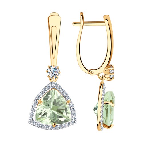 Серьги Длинные из красного золота с камнями Фианит, Аметист зеленый