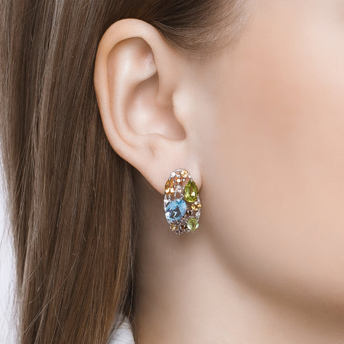 Серьги из серебра с камнями Фианит, Аметист и Гранат
