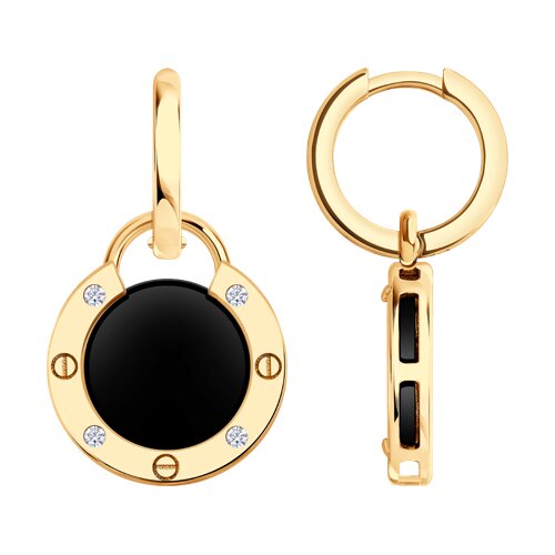 Серьги Длинные из красного золота с камнями Фианит, Агат черный