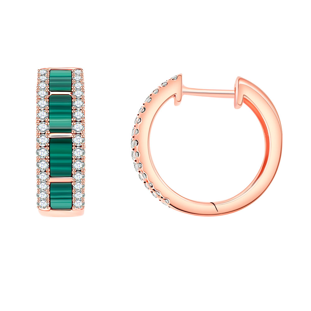 Cercei Creole din aur roșu cu pietre Diamant, Malachit