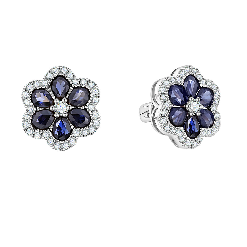 Серьги Пусеты из белого золота с камнями Бриллиант, Сапфир