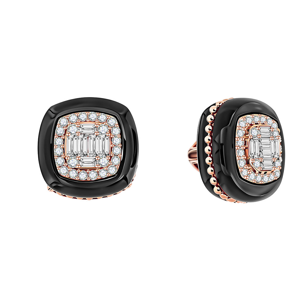 Серьги Пусеты из красного золота с камнями Бриллиант, Оникс черный