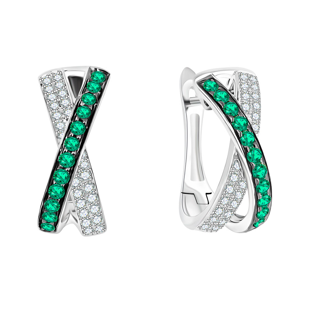 Серьги из белого золота с камнями Бриллиант, Изумруд