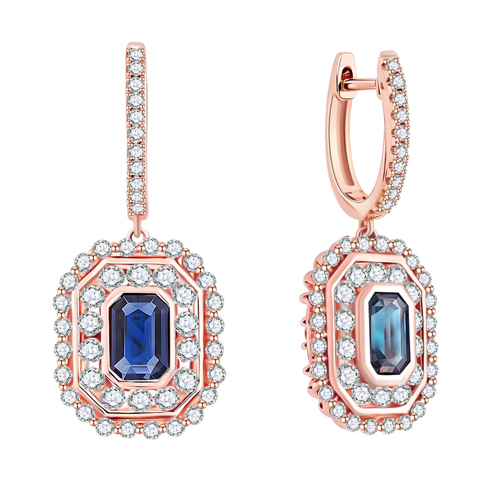 Cercei Creole din aur roșu cu pietre Diamant, Safir