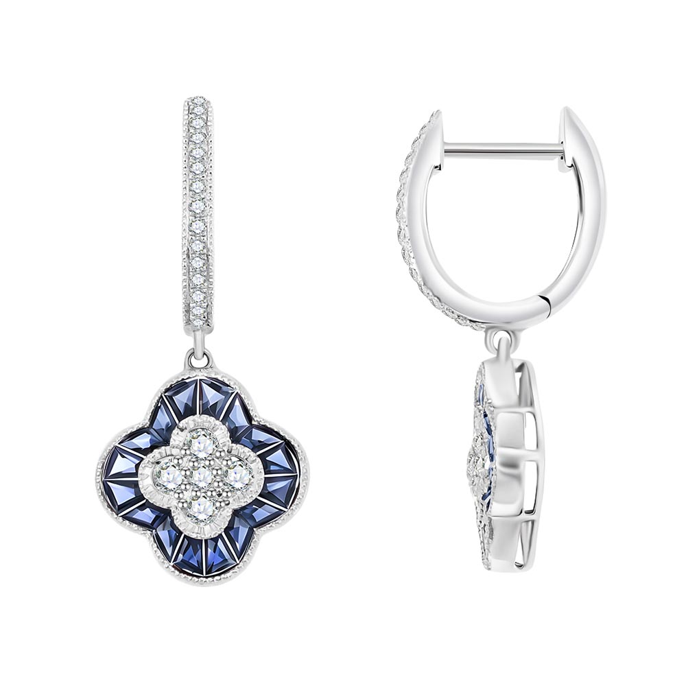 Cercei Creole din aur alb cu pietre Diamant, Safir