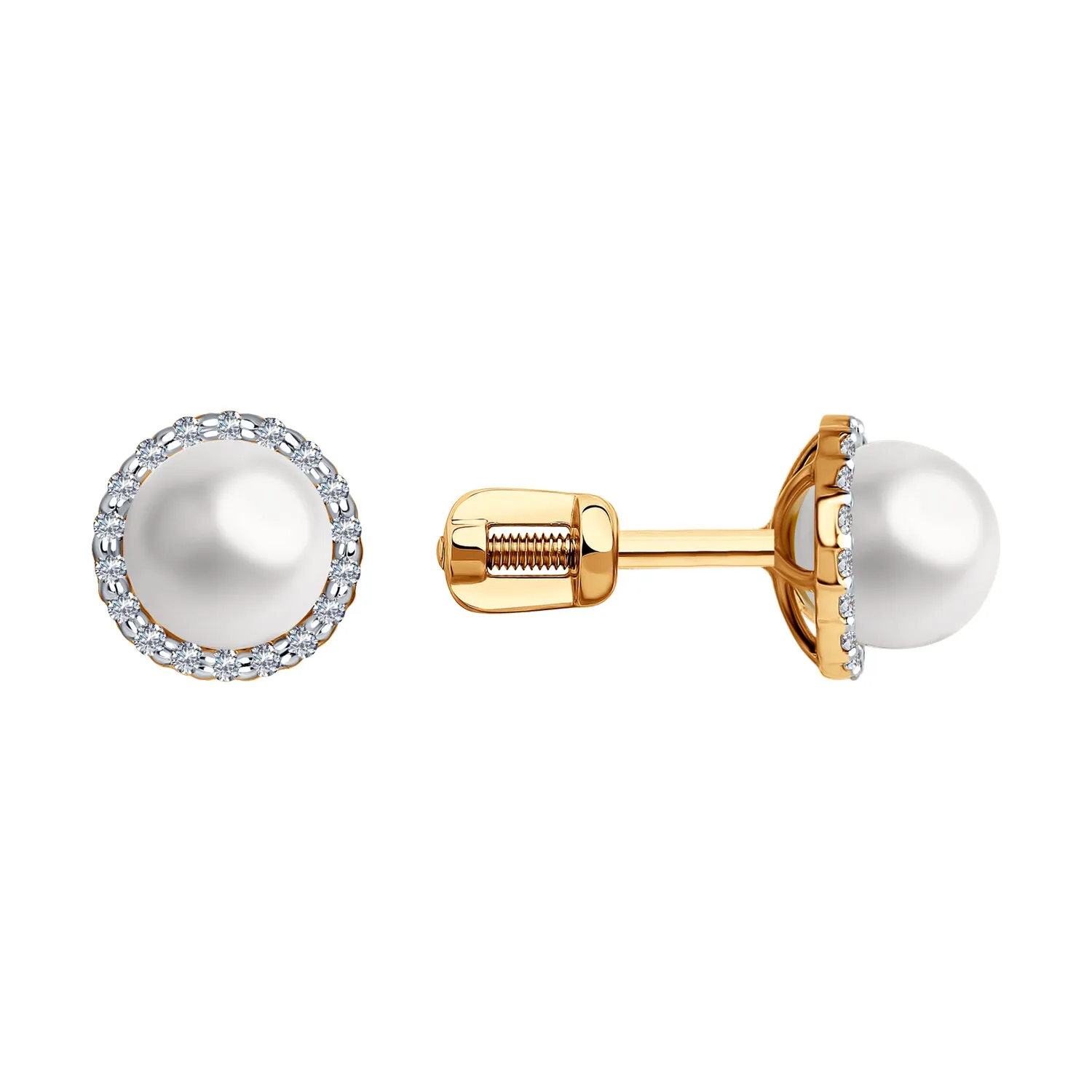 Cercei Pusete din aur roșu cu Cubic Zirconia Incolor, Perla Albă