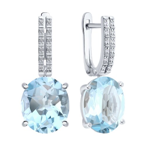 Cercei Suspendați din aur alb cu pietre Diamant, Topaz albastru