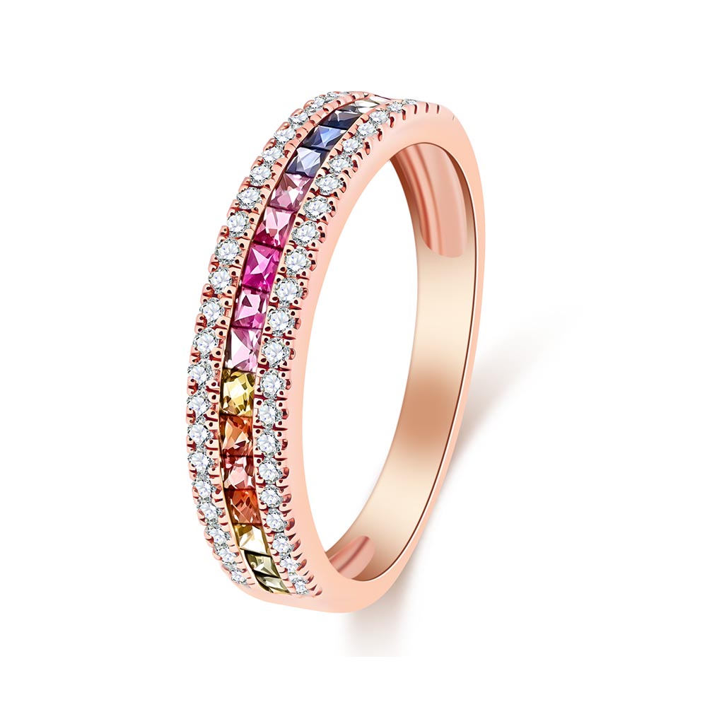 Inel din aur roșu cu pietre Diamant, Safire multicolore