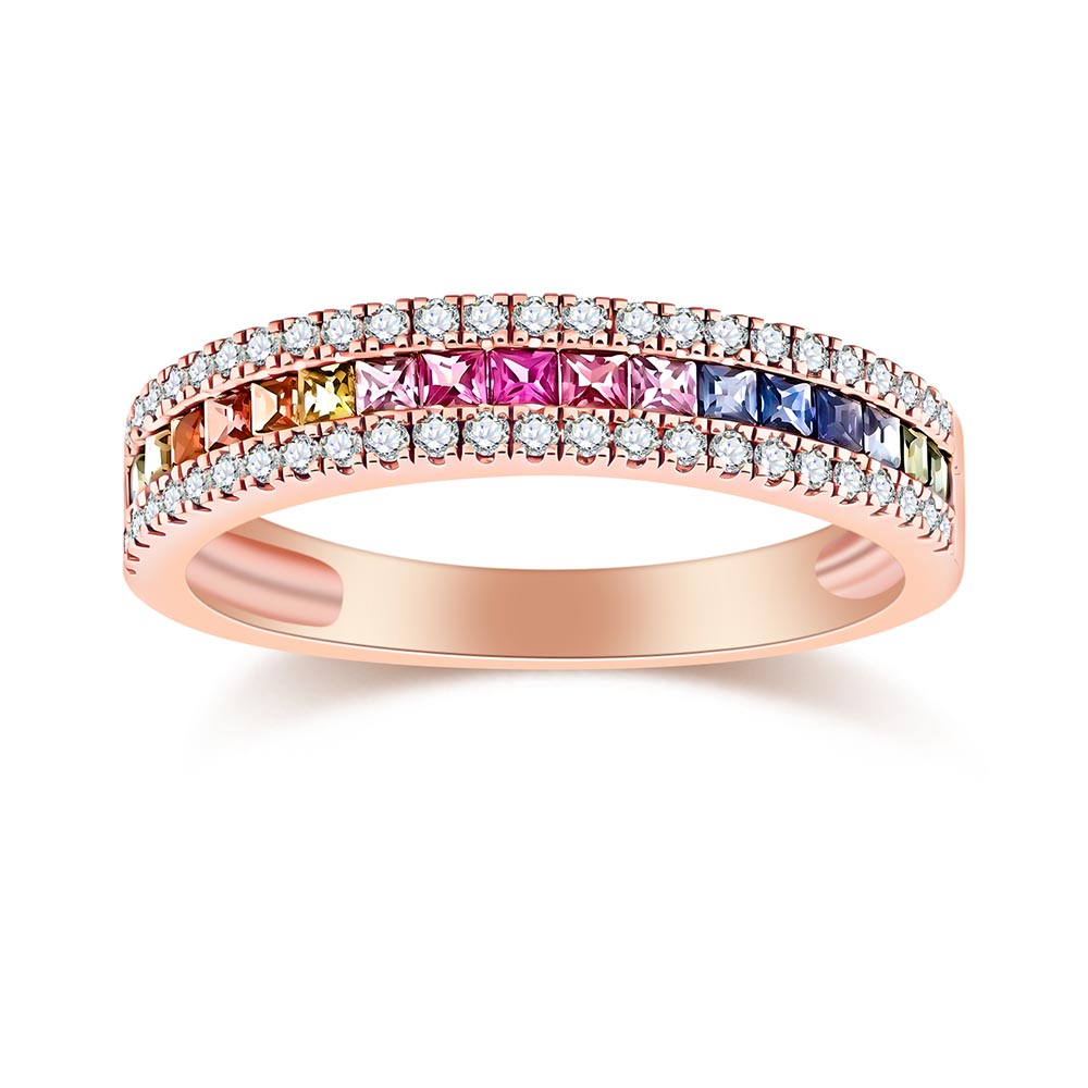 Inel din aur roșu cu pietre Diamant, Safire multicolore