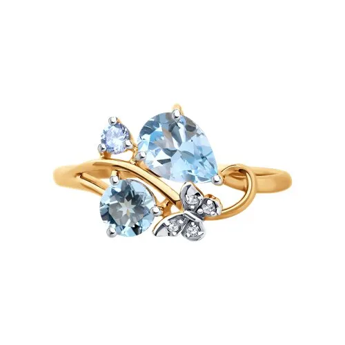 Inel din aur roșu cu Cubic Zirconia Incolor, Cubic Zirconia Albastru și Topaz albastru