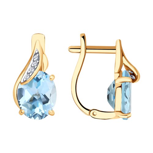 Серьги из красного золота с камнями Фианит, Топаз голубой