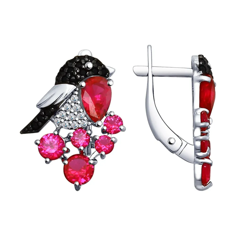 Cercei din argint cu Cubic Zirconia Incolor, Cubic Zirconia Negru și Corindon (rubin)