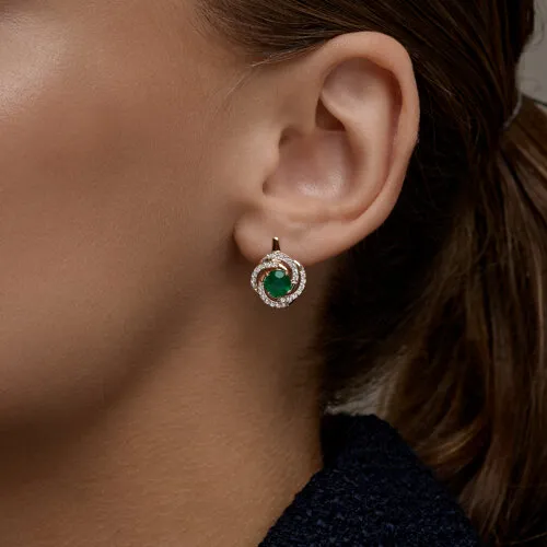 Cercei din aur roșu cu Cubic Zirconia Incolor, Agat verde