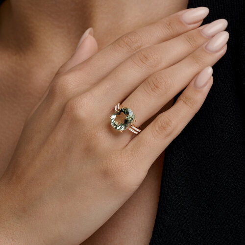 Кольцо из красного золота с камнями Бриллиант, Празиолит