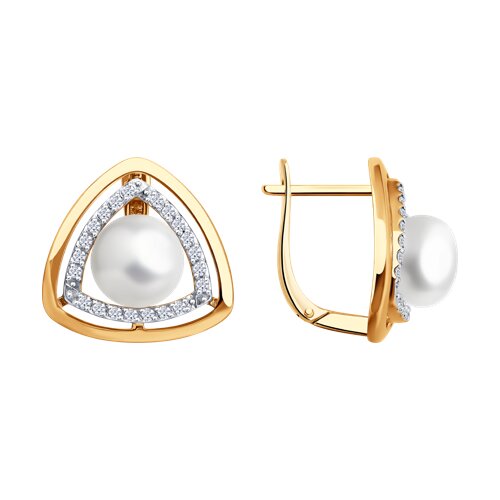 Серьги из красного золота с камнями Фианит, Жемчуг белый