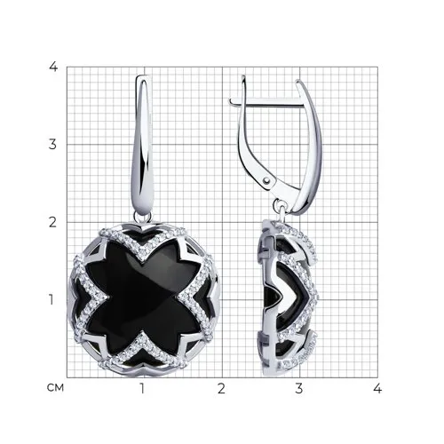 Серьги Длинные из серебра с камнями Фианит, Агат черный