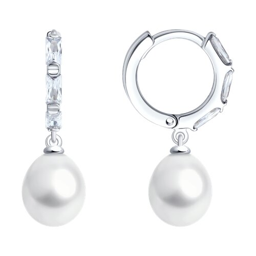 Cercei Creole din argint  cu pietre Cubic Zirconia Incolor, Perla Albă