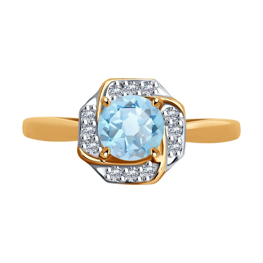 Inel din aur roșu cu Cubic Zirconia Incolor, Topaz albastru