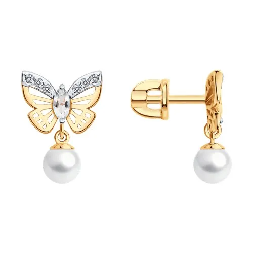 Cercei Pusete din aur roșu cu Cubic Zirconia Incolor, Cristal de munte și Perla Albă
