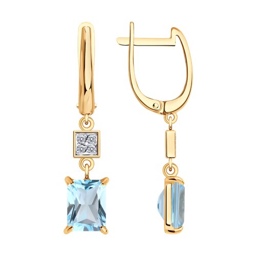 Серьги Длинные из красного золота с камнями Фианит, Топаз голубой