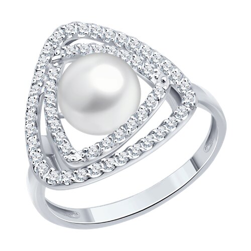 Inel din aur alb cu pietre Cubic Zirconia Incolor, Perla Albă