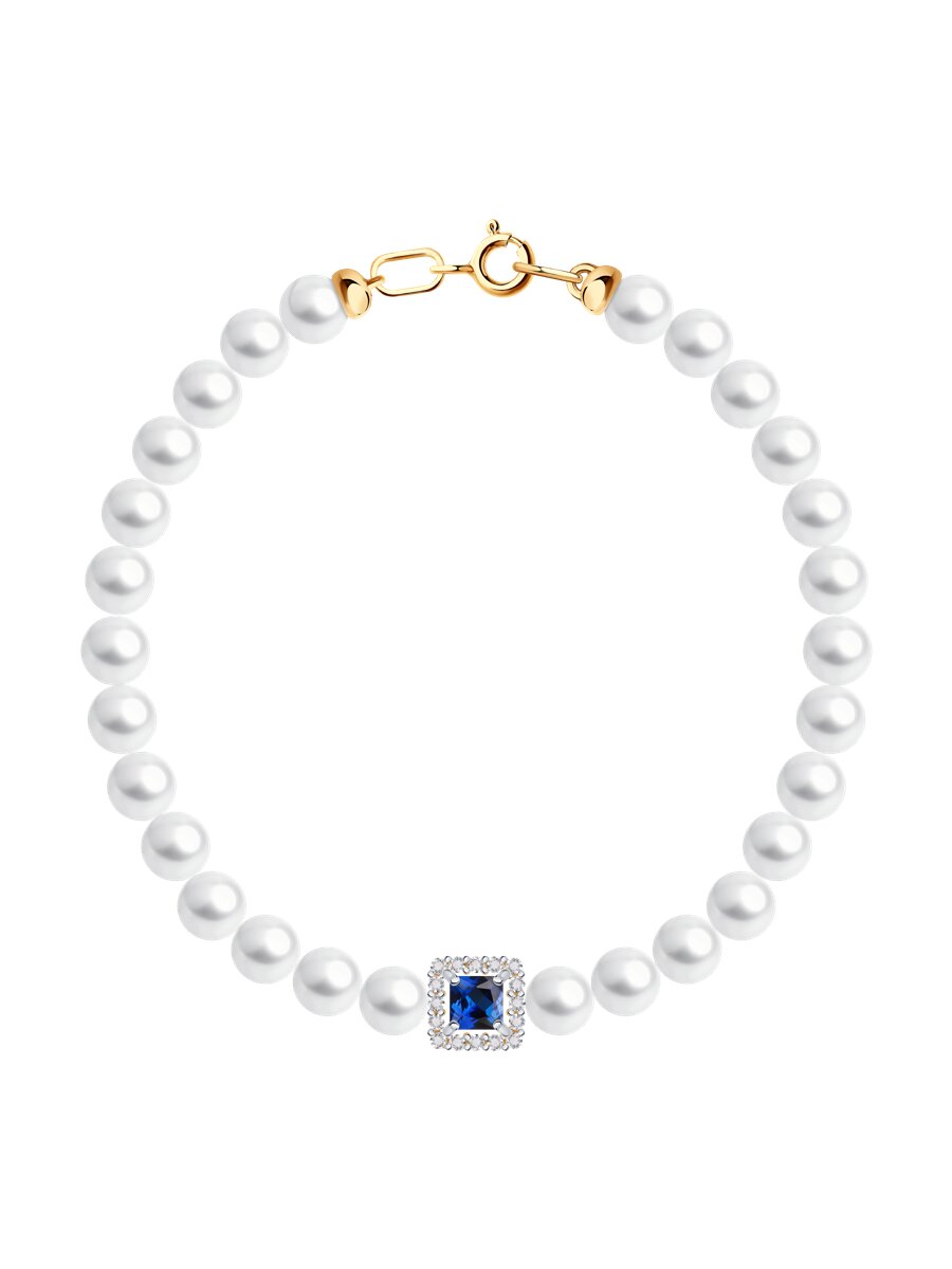 Браслет из красного золота с камнями Сапфир бесцветный, Жемчуг белый  и Корунд