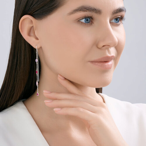 Cercei Lanț din argint  cu pietre Cubic Zirconia Roz, Cubic Zirconia Liliachiu și Corindon (rubin)