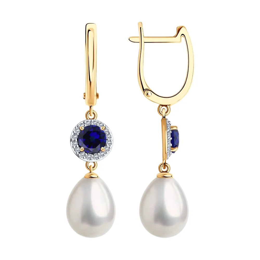 Cercei Suspendați din aur roșu cu Cubic Zirconia Incolor, Perla Albă și Corindon
