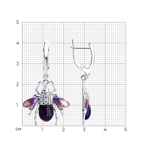 Cercei Suspendați din argint  cu pietre Cubic Zirconia Incolor, Cubic Zirconia Liliachiu și Emailare
