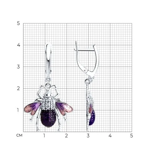 Cercei Suspendați din argint cu Cubic Zirconia Incolor, Cubic Zirconia Liliachiu și Emailare