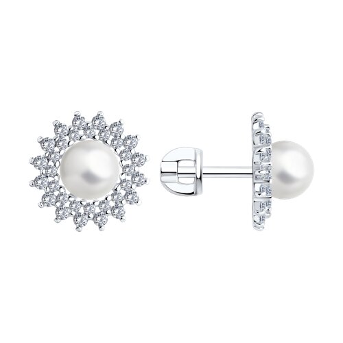 Cercei Pusete din argint  cu pietre Cubic Zirconia Incolor, Perla Imit.