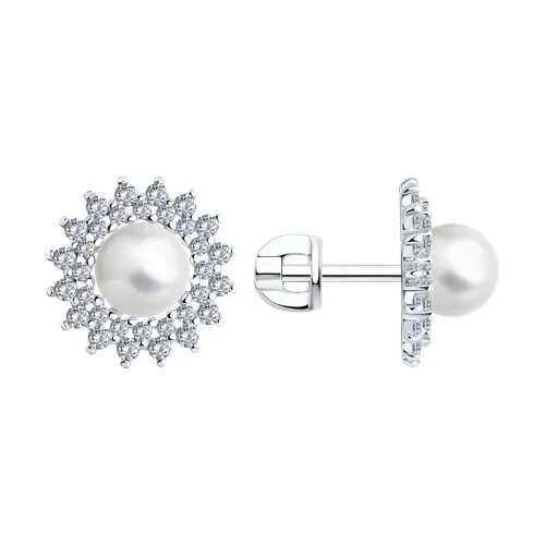 Cercei Pusete din argint cu Cubic Zirconia Incolor, Perla Imit.
