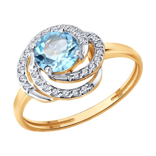 Кольцо из красного золота с камнями Фианит, Топаз голубой