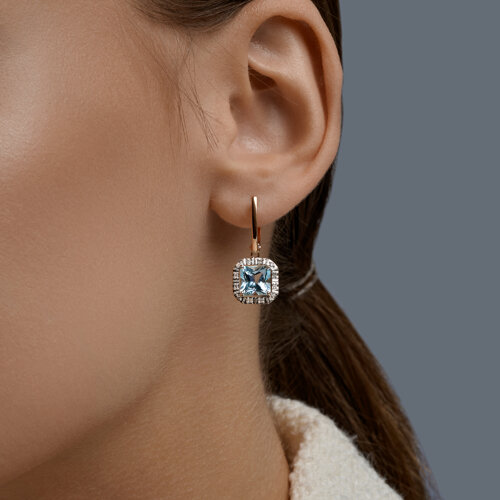Серьги Длинные из красного золота с камнями Бриллиант, Топаз голубой