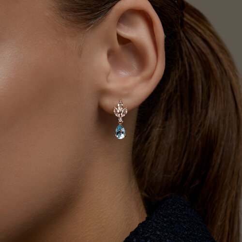 Cercei Suspendați din aur roșu cu pietre Cristal de munte, Topaz albastru