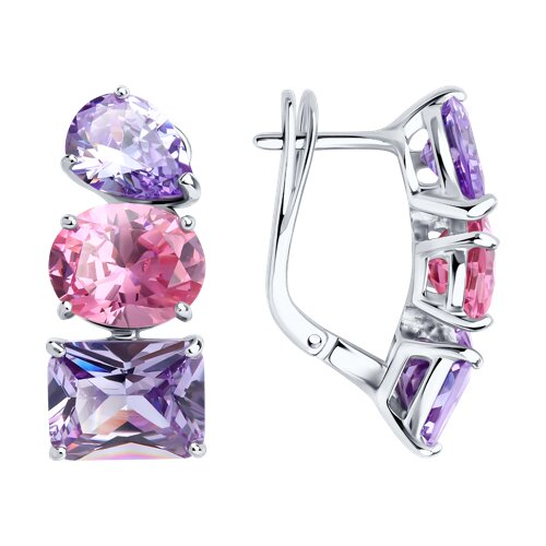 Серьги из серебра с камнями Фианит Сиреневый, Фианит Красный