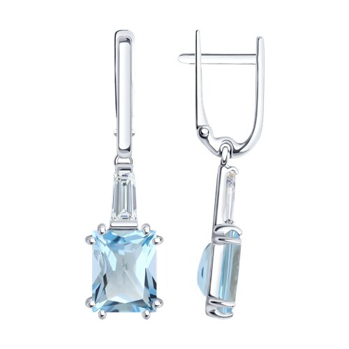 Серьги Длинные из белого золота с камнями Фианит, Топаз голубой