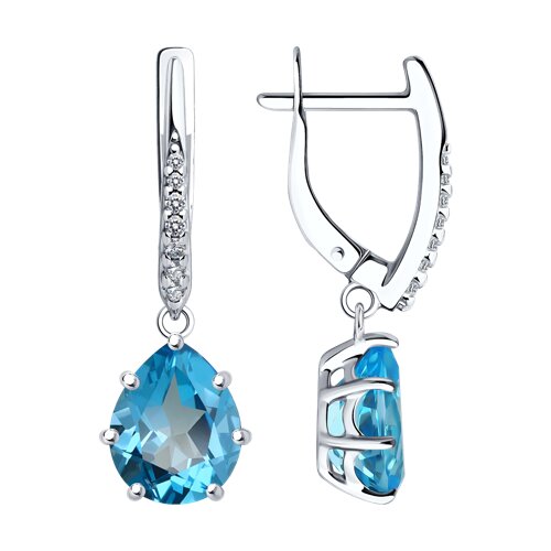 Серьги Длинные из серебра с камнями Фианит, Топаз Swiss