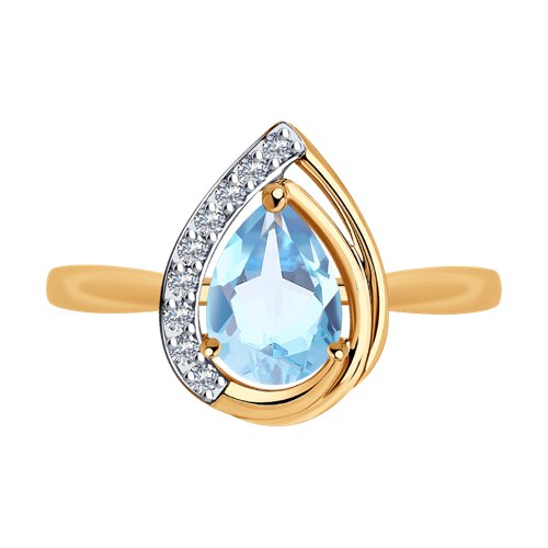Inel din aur roșu cu pietre Cubic zirconia, Topaz albastru