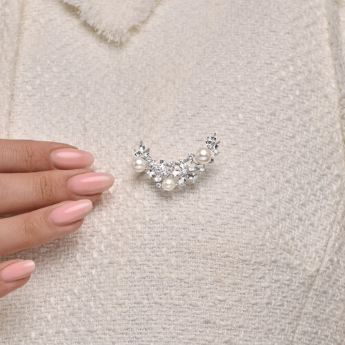 Broșă din aur alb cu pietre Cubic Zirconia Incolor, Cristal de munte și Perla Albă