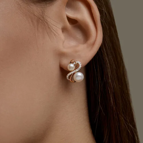 Cercei din aur roșu cu Cubic Zirconia Incolor, Perla Albă