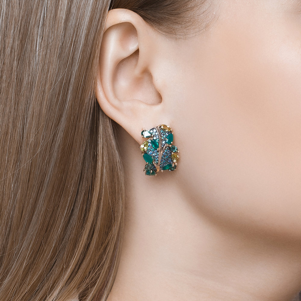 Cercei din aur roșu cu pietre Cubic Zirconia Verde, Cubic Zirconia Albastru Safir și Agat verde