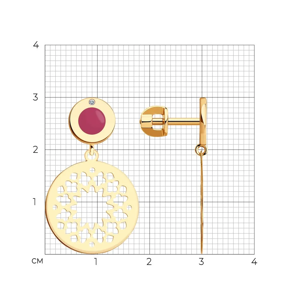 Cercei Pusete din aur roșu cu Cubic Zirconia Incolor, Emailare